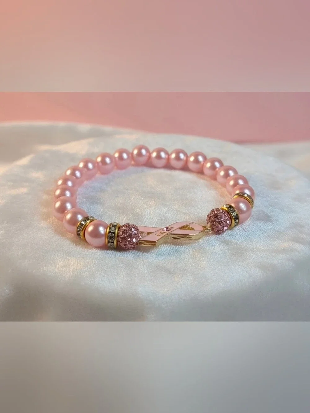 Pink Awareness Pearl Stretch Bracelet with Ribbon Charm
